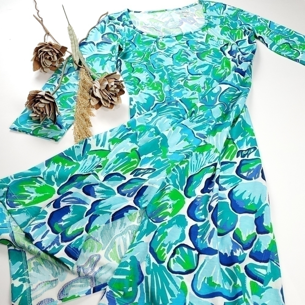 New Lilly Pulitzer 100% Pima Cotton Blue Green White Floral Dress Sz M - Picture 10 of 16